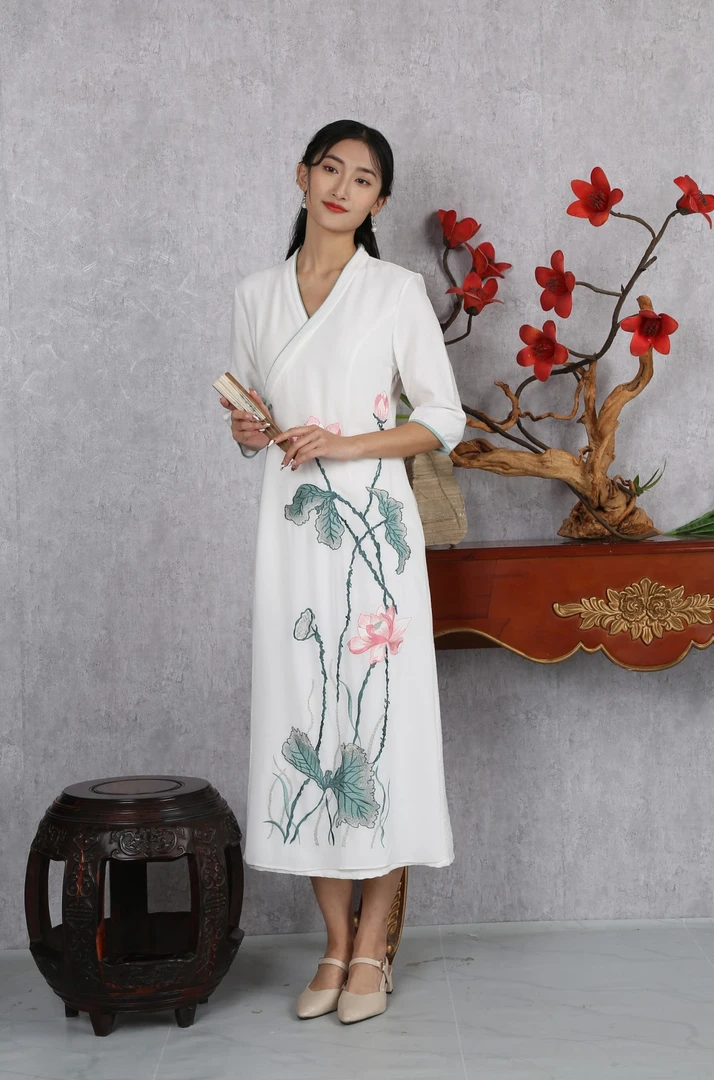 【晓凤凰】国风刺绣木棉道禅茶服休闲白色批零代发气质连衣裙显瘦