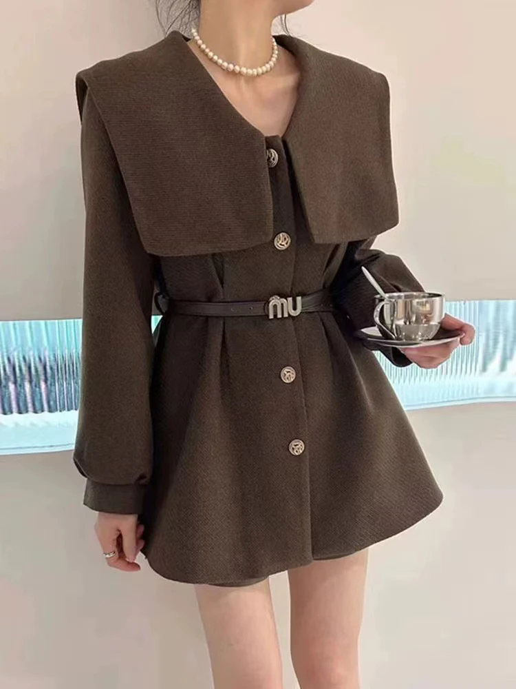 海军领收腰呢子外套女欧货新款显瘦韩版减龄中长款