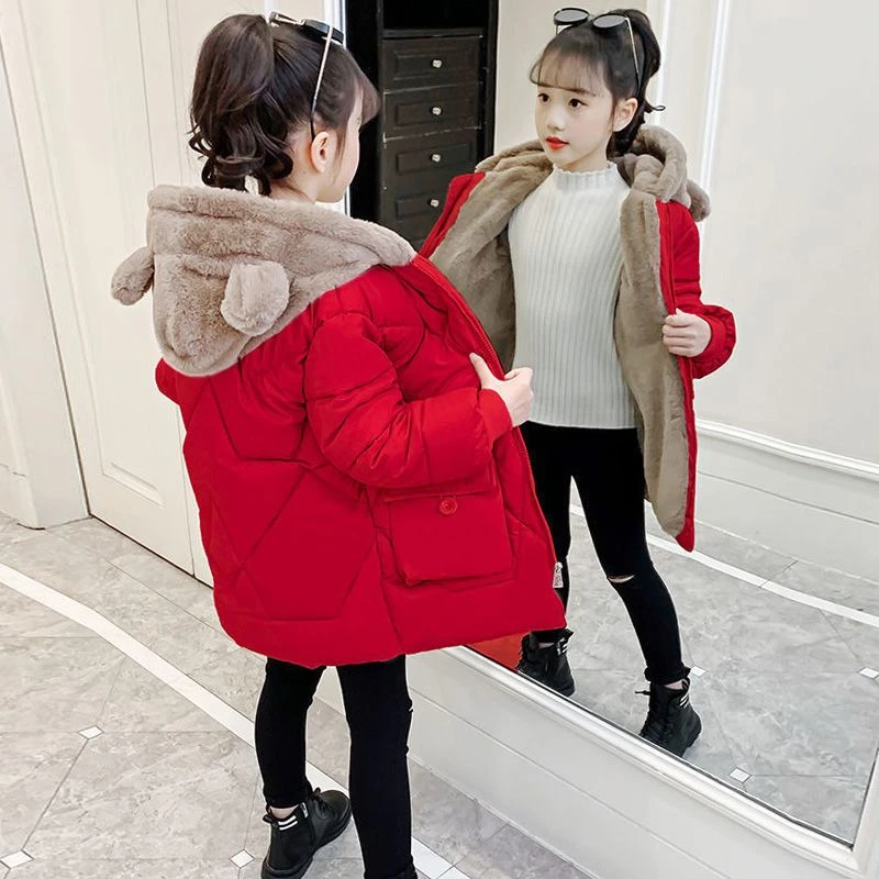 新款女童服加厚加绒冬装儿童中大童衣可爱中长款洋气外套