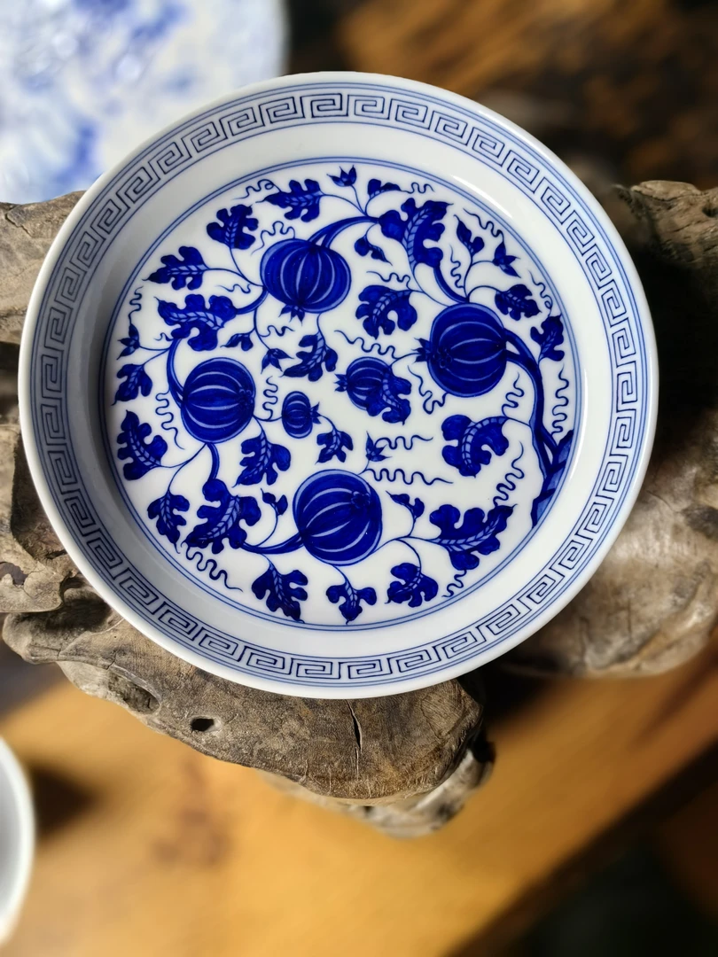 景德镇手工手绘干泡瓜果连绵壶承茶盘茶托复古青花瓷托盘陶瓷家用