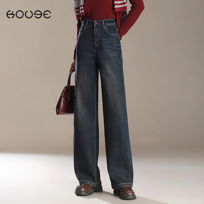 深蓝色刺绣牛仔裤女2024新款秋冬款高腰窄版阔腿裤加绒直筒裤长裤