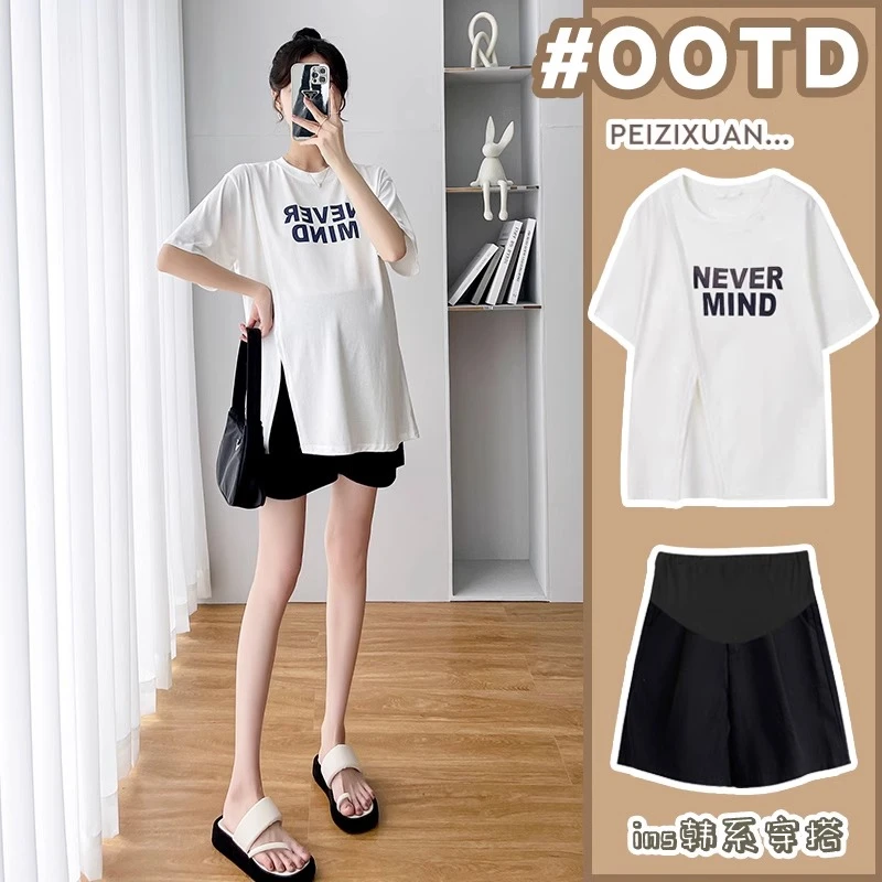 孕妇夏装套装时尚款夏季开叉短袖宽松上衣2023T恤休闲短裤两件套