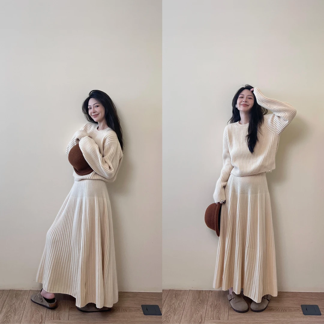 2024秋季韩版慵懒圆领针织高腰半身气质显瘦百搭套装新款衣服女