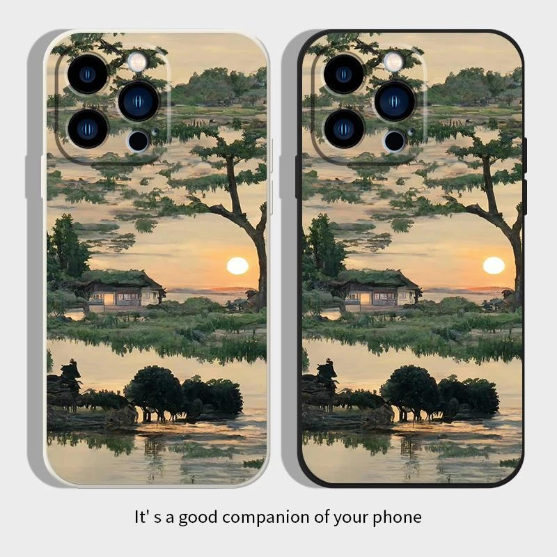适用苹果 14手机保护壳iphone15pro液态矽胶12promax山水画11中国