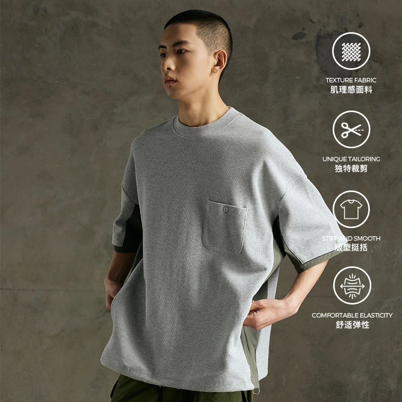 WHIMNOTION 24SS日系复古华夫格拼接撞色假两件口袋圆领短袖T恤男