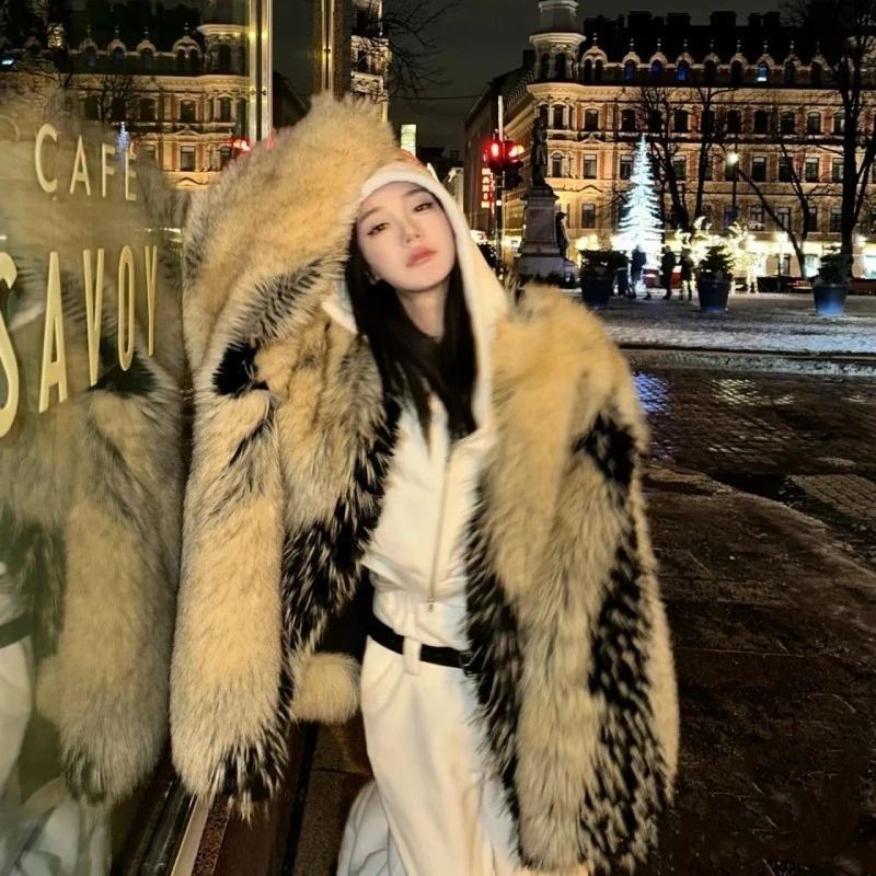 2024新款时尚年轻款富家千金环保皮草外套女仿狐狸毛大衣冬棉服厚