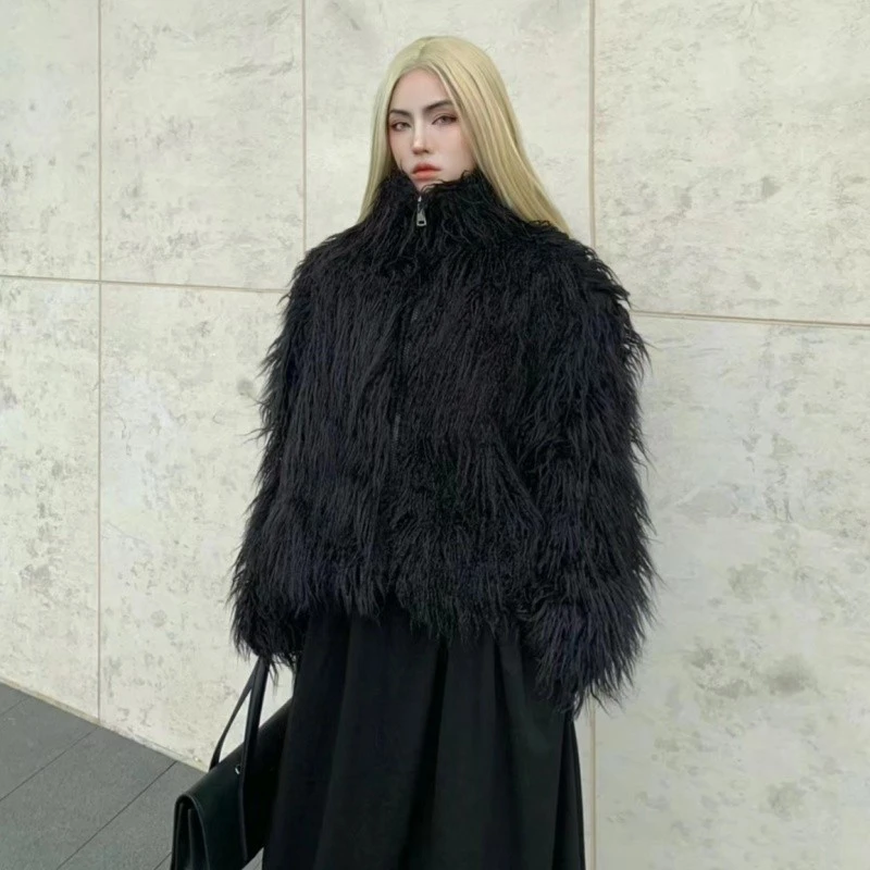 黑色仿滩羊毛环保皮草2024新款年轻款休闲时尚厚毛毛外套棉服女冬