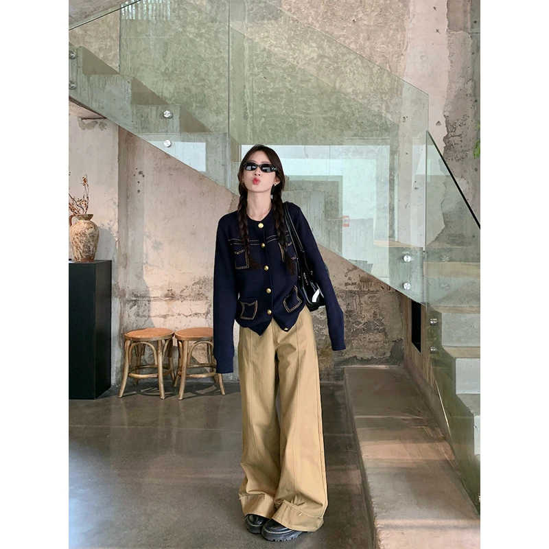 休闲穿搭女秋季排扣长袖美式小众韩版百搭小众上衣外套直筒阔腿裤