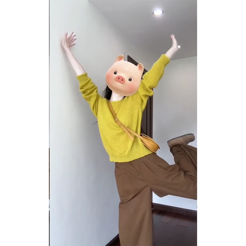 时尚穿搭女秋季圆领长袖宽松显瘦百搭小众针织上衣直筒休闲阔腿裤