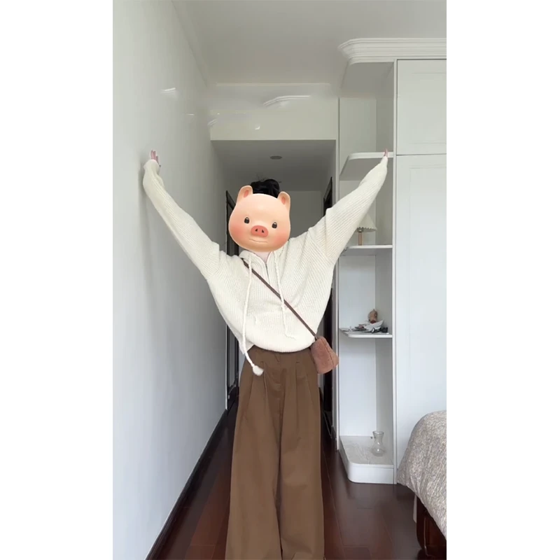 时尚穿搭女士秋季连帽长袖宽松显瘦百搭小众针织上衣直筒休闲裤