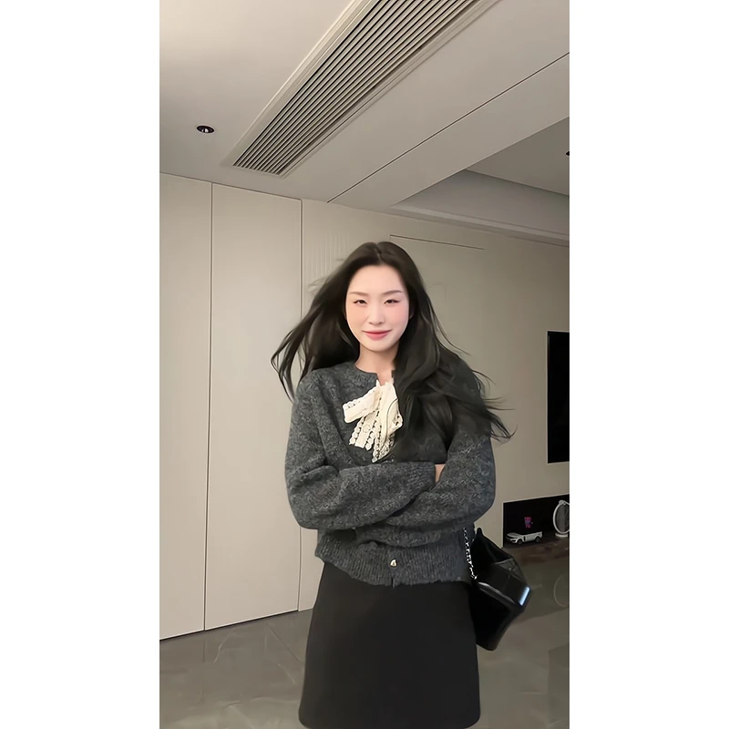 2024新款女秋冬季韩版蝴蝶结系带圆领长袖毛衣开衫高腰显瘦半身裙