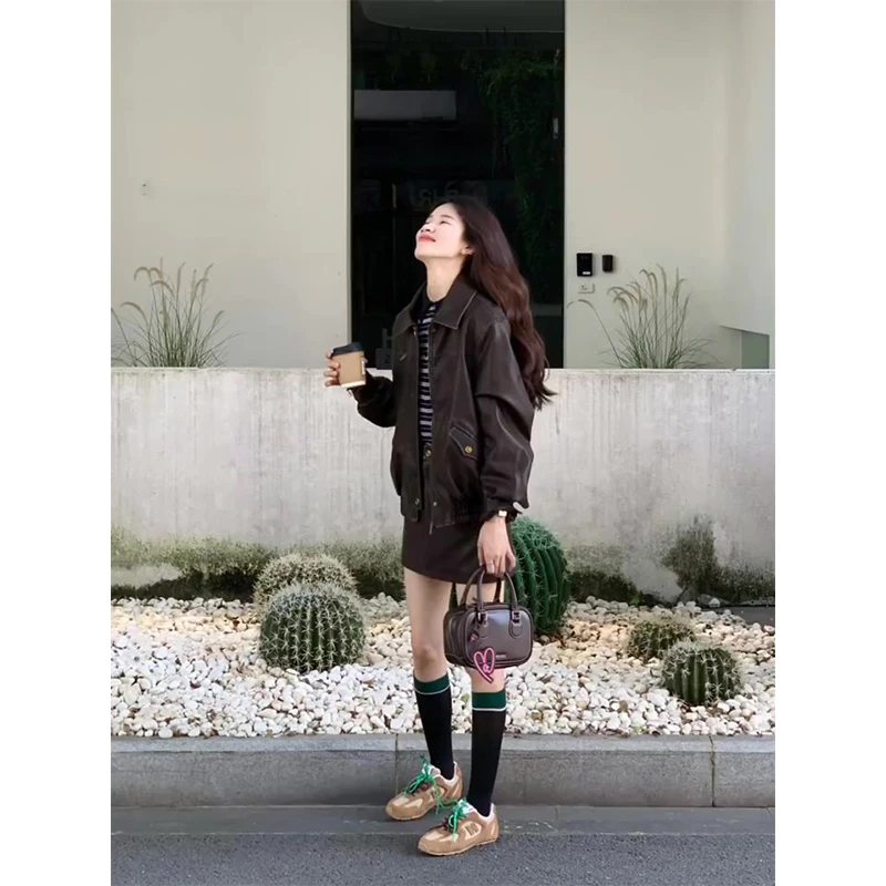 2024新款女士秋季美式复古街头机车宽松百搭外套高腰显瘦半身裙