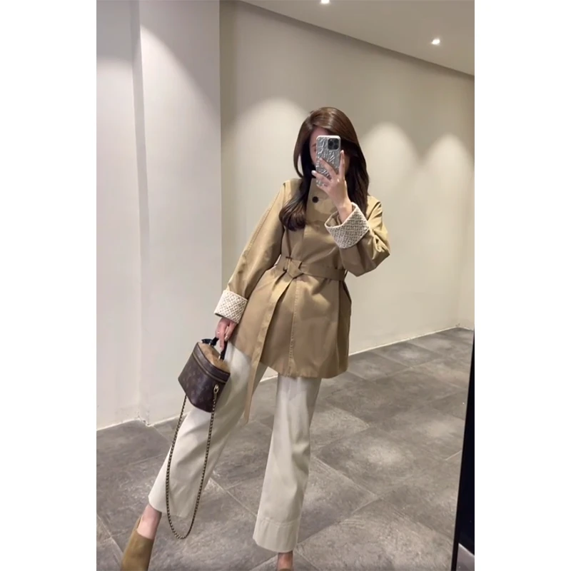 法式穿搭女士秋季长袖系带镂空袖边显瘦百搭小众风衣休闲长裤