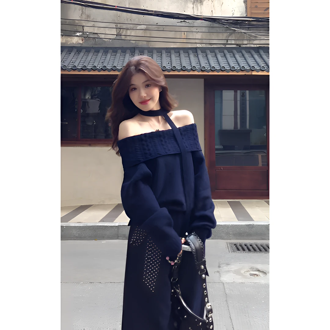 时尚穿搭女士秋冬季纯欲一字肩长袖休闲毛衣显瘦牛仔裤宽松阔腿裤