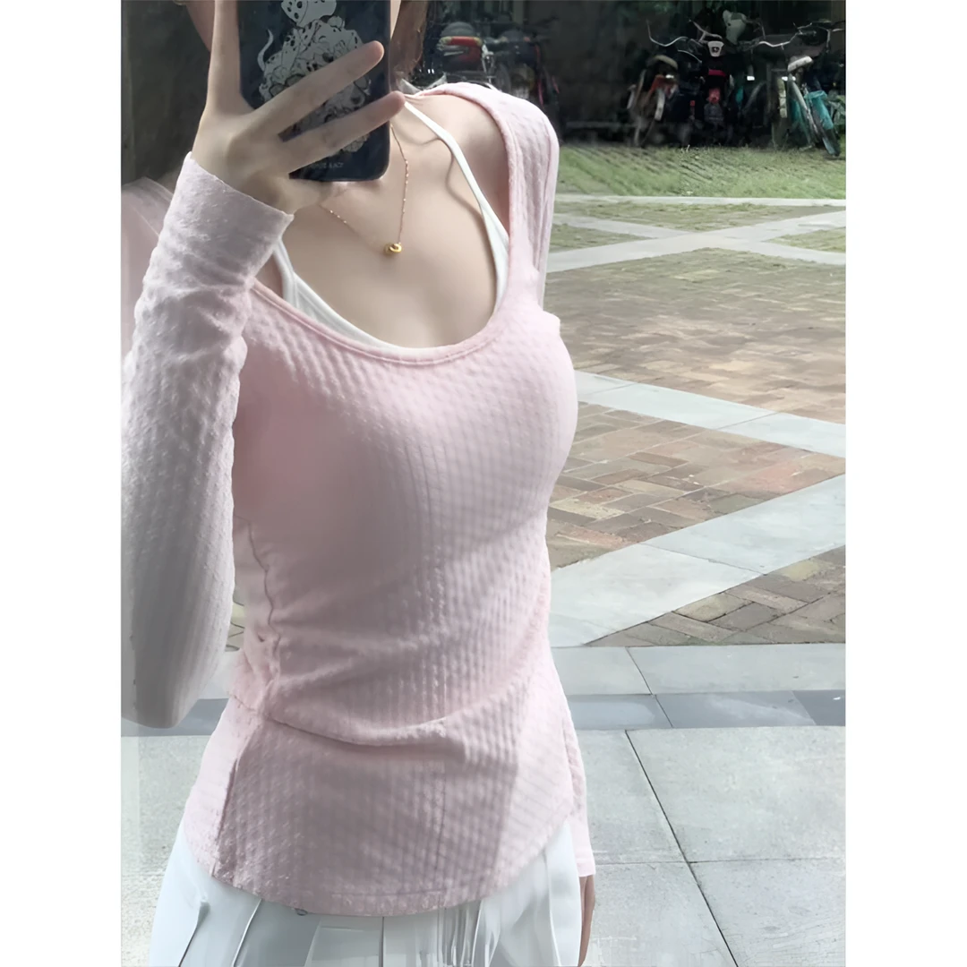 2024秋季新款女士气质显瘦百搭针织长袖假两件上衣高腰休闲阔腿裤