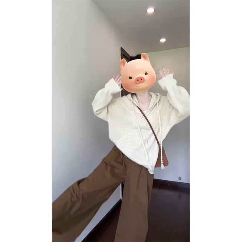 2024秋季新款女士气质高腰休闲阔腿裤宽松百搭针织连帽长袖上衣