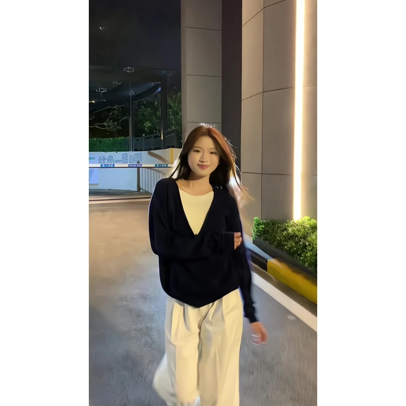 秋冬宽松v领针织衫假两件长袖chic上衣休闲裤高腰拖地裤直筒裤女