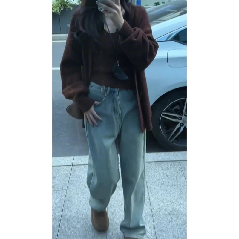 秋冬季慵懒风内搭针织开衫背心显瘦百搭直筒牛仔裤宽松显瘦阔腿裤