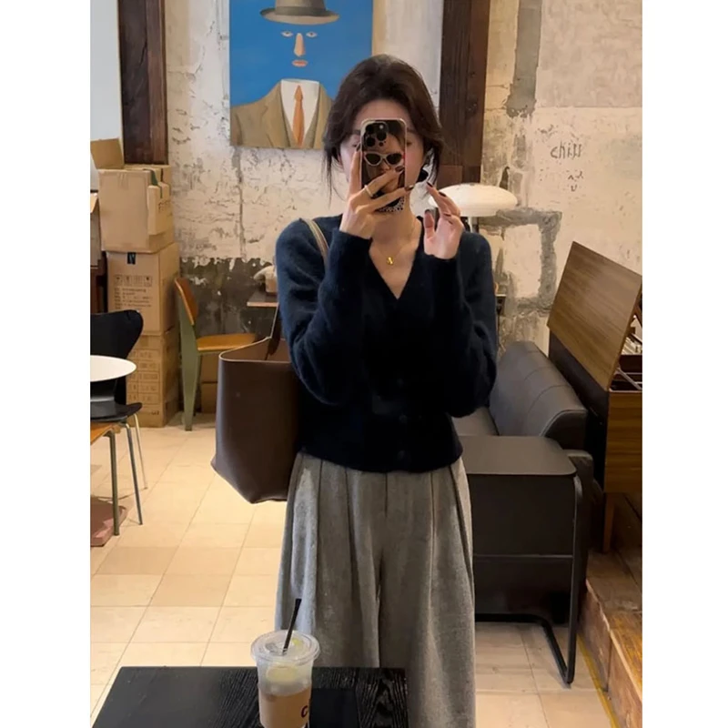 秋冬v领针织开衫毛衣外套短款针织衫上衣宽松阔腿裤慵懒卫裤长裤