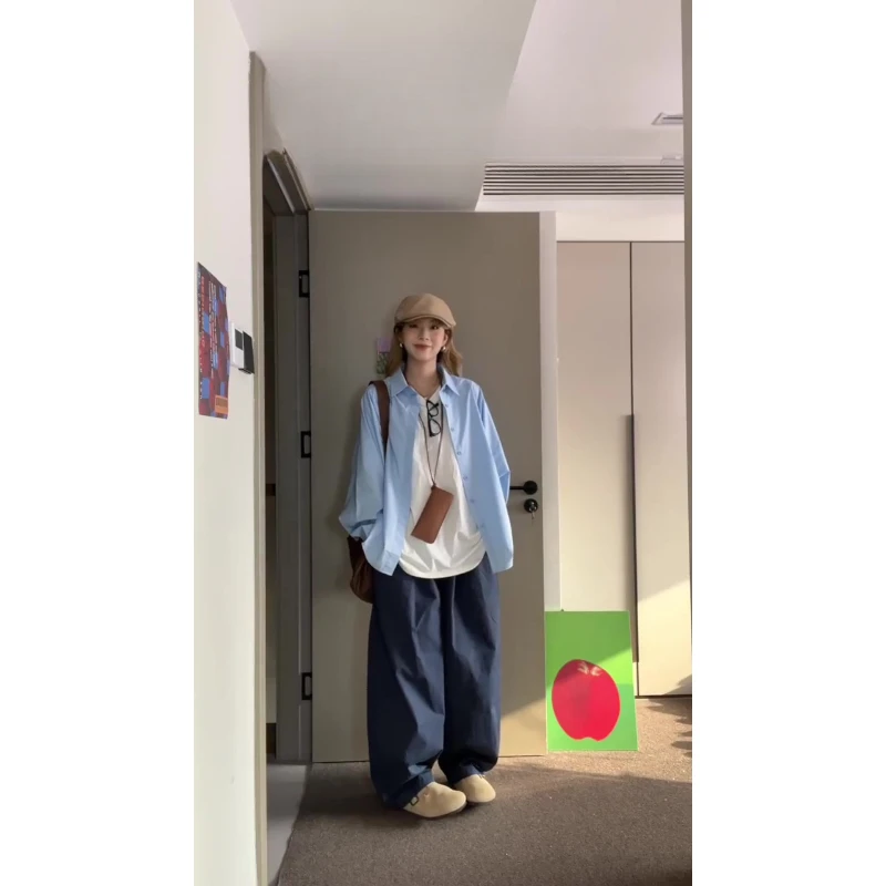 早秋穿搭韩版气质宽松慵懒风衬衫开衫外套上衣女士时尚高腰休闲裤
