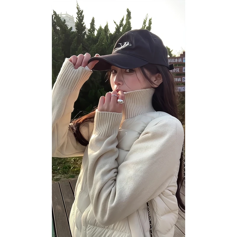 立领拼接针织袖轻薄保暖棉服外套女面包服直筒休闲裤垂感阔腿长裤