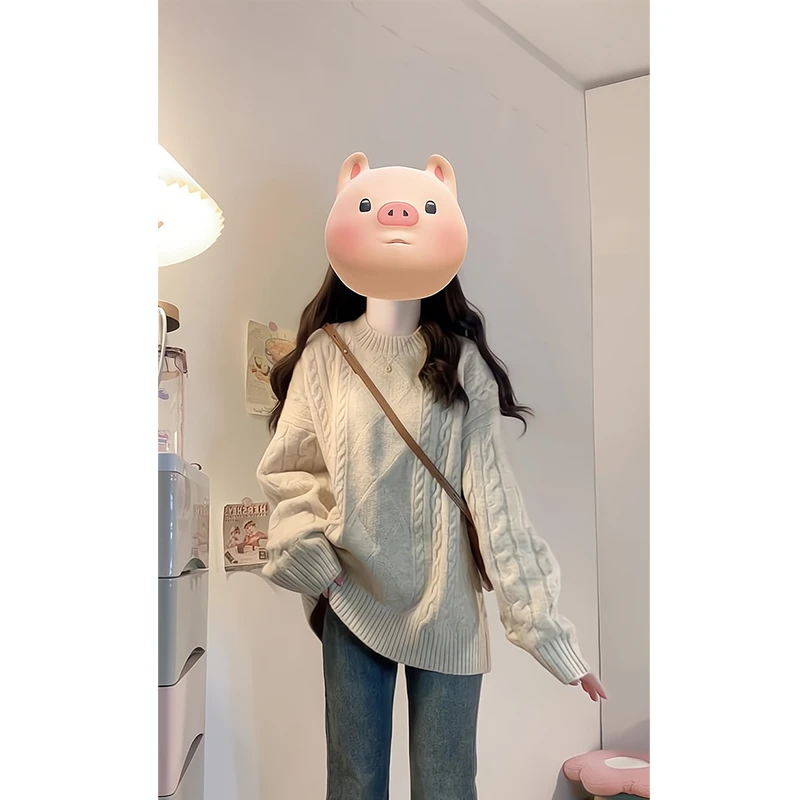 2024新款女士秋冬季慵懒风圆领套头针织复古麻花毛衣高腰牛仔裤