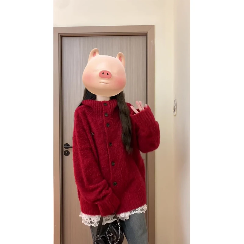 2024新款秋季排扣长袖显瘦小众慵懒风针织上衣蕾丝内搭百搭休闲裤