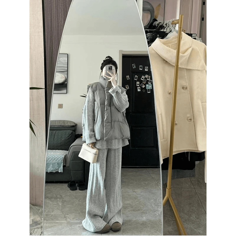 2024秋冬季新款棉服保暖马甲半拉链翻领宽松毛衣高腰休闲阔腿裤