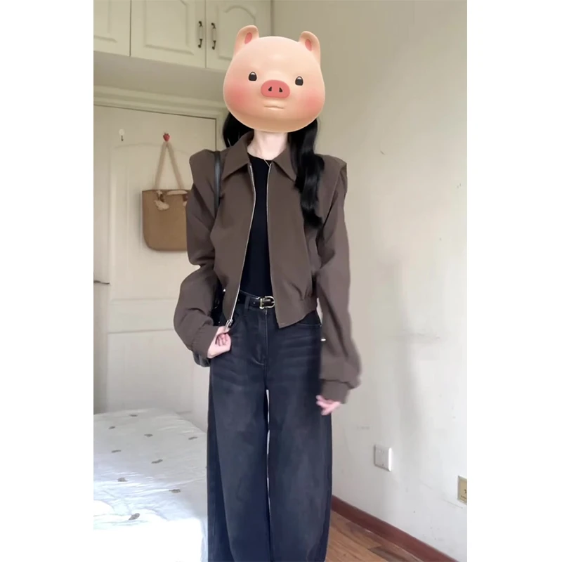 2024早秋新款女士美拉德翻领拉链工装夹克长袖外套高腰显瘦牛仔裤