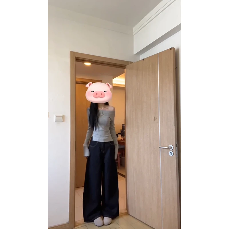 时尚穿搭女士秋季新款修身显瘦露肩长袖针织衫上衣高腰宽松阔腿裤