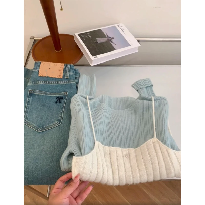 时尚穿搭女秋季圆领长袖修身显瘦百搭小众针织内搭韩版背心休闲裤