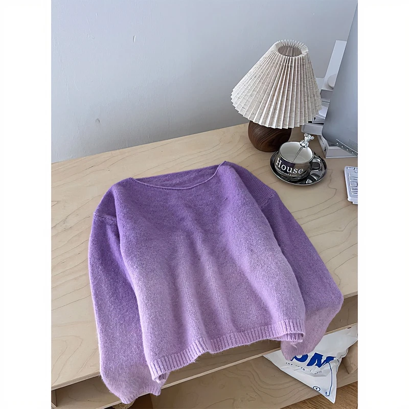 2024新款女士早秋季慵懒风渐变紫色高级感宽松百搭套头针织毛衣
