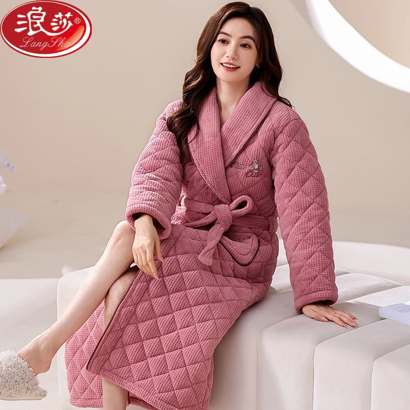 浪莎冬季休闲款睡衣女三层夹棉特厚浴袍珊瑚绒加绒加厚可外穿睡袍