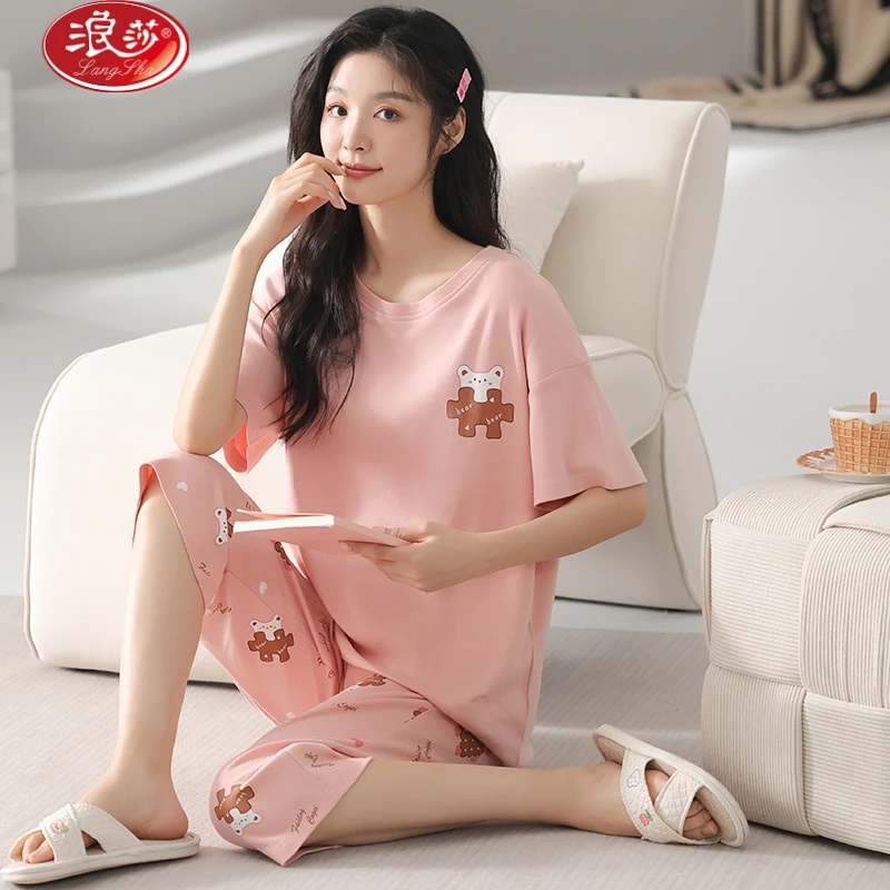 浪莎新款可外穿套头女士家居服套装纯棉女短袖七分裤夏季薄款睡衣