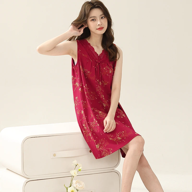 芬腾可安高档睡裙新款印花夏天红色妈妈家居服女夏季无袖睡衣裙中