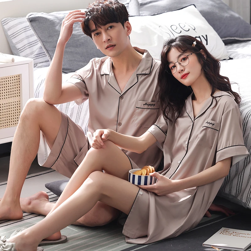 浪莎情侣睡衣新款春秋款短袖一男一女家居服套装夏季薄款冰丝睡裙
