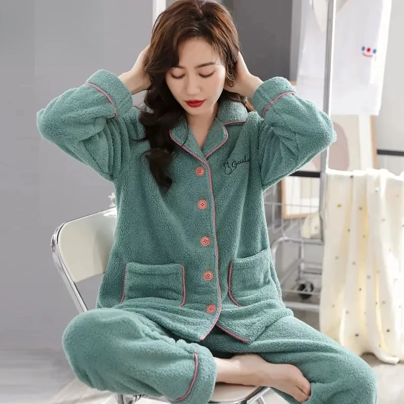 女士冬季珊瑚绒保暖高档睡衣法兰绒加厚可外穿家居服套装