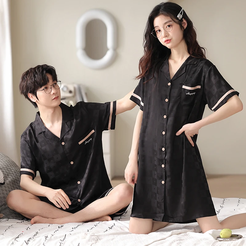 芬腾可安2套价 冰丝情侣睡衣夏季短袖开衫裙家居服套装一男一女士