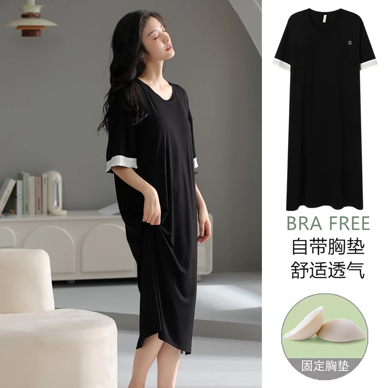 芬腾可安新款莫代尔睡裙夏季女短袖长款网红风宽松舒适透气带胸垫