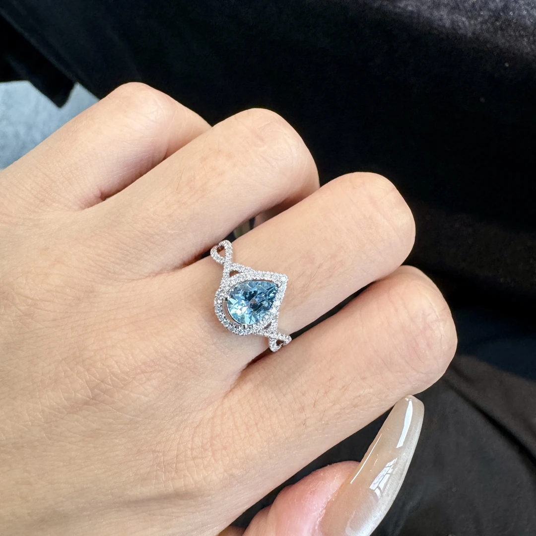 【念慈高定】18K 75分波浪海蓝宝水滴钻石戒指