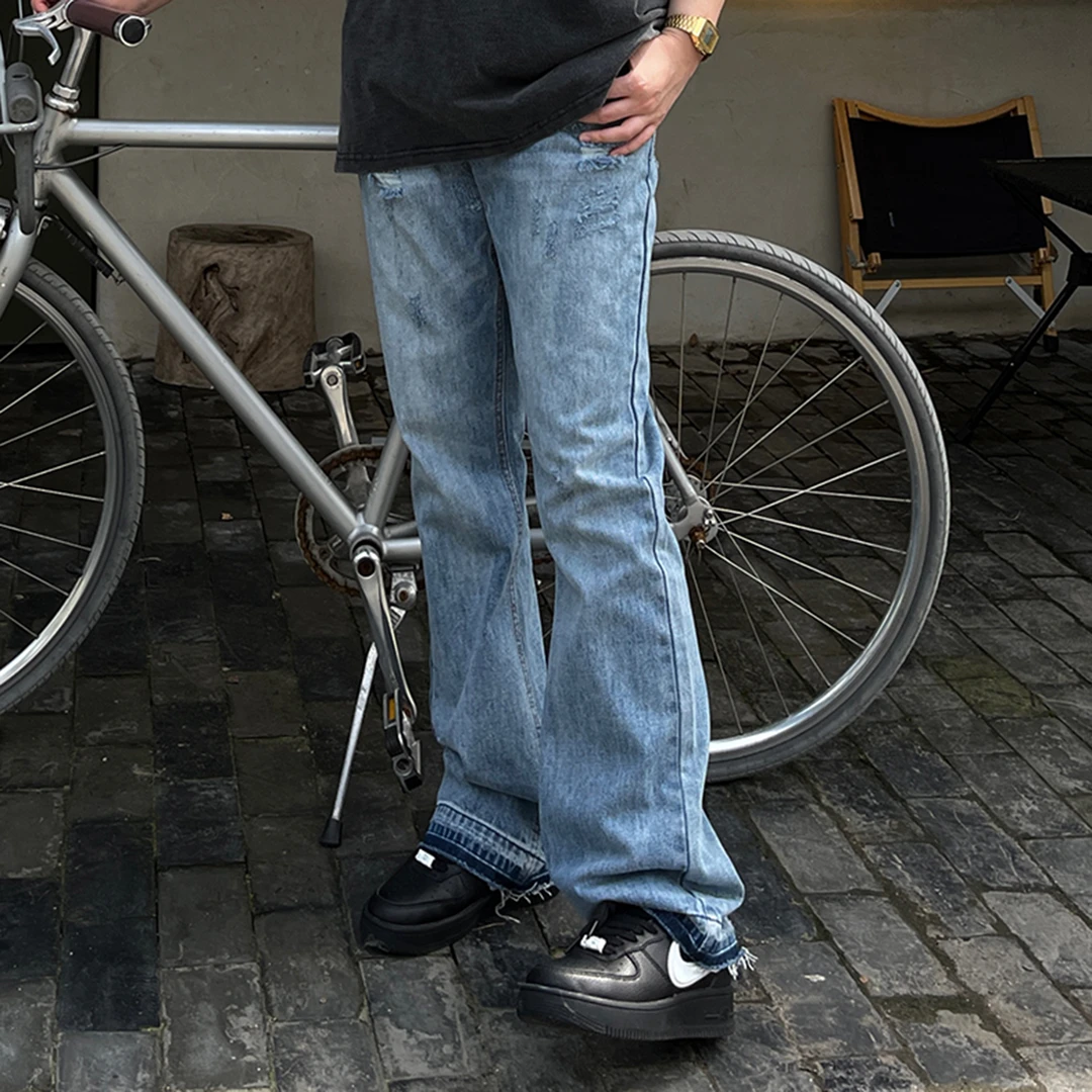 美式cleanfit冰蓝牛仔裤顶男vibe517微喇长裤水洗做旧磨破流苏潮