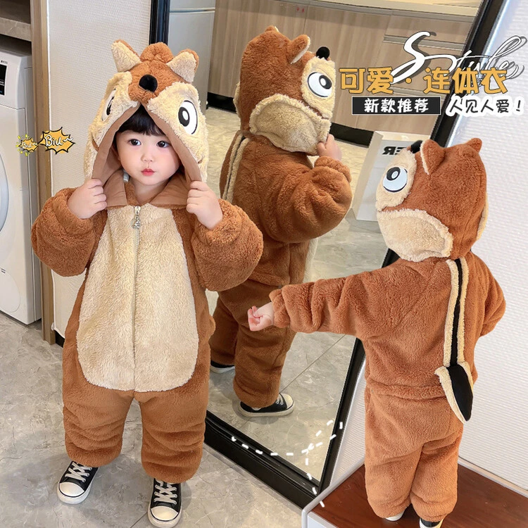 2023新加厚2岁宝宝冬季睡衣小松鼠儿童连体护肚服3幼儿卡通家居服