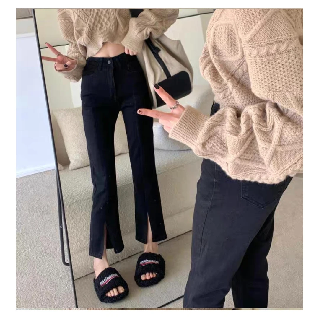 黑色开叉微喇牛仔裤女秋冬修身弹力显瘦喇叭裤直筒