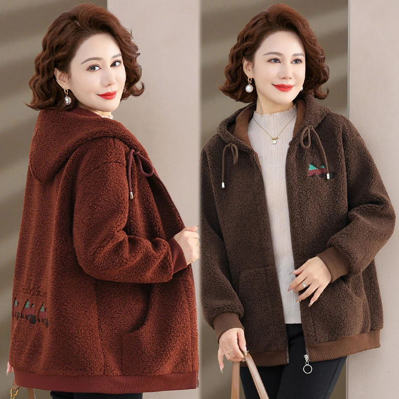 中年妈妈装冬装连帽颗粒绒新款洋气中老年女装母亲冬季衣裳厚外套