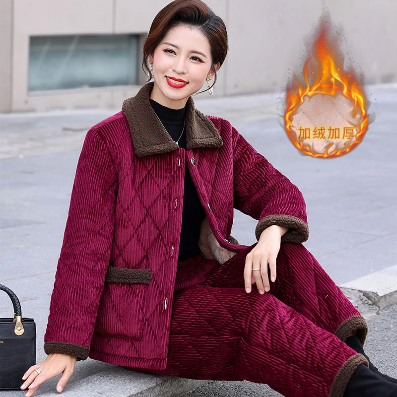 冬季妈妈装加绒棉衣外套中老年人女装棉服套装冬装中年加厚两件套
