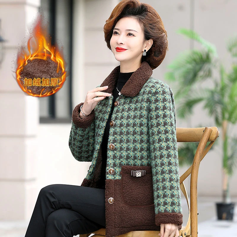 中年妈妈秋冬羊羔绒外套加绒加厚棉服中老年女装冬装颗粒绒上衣服