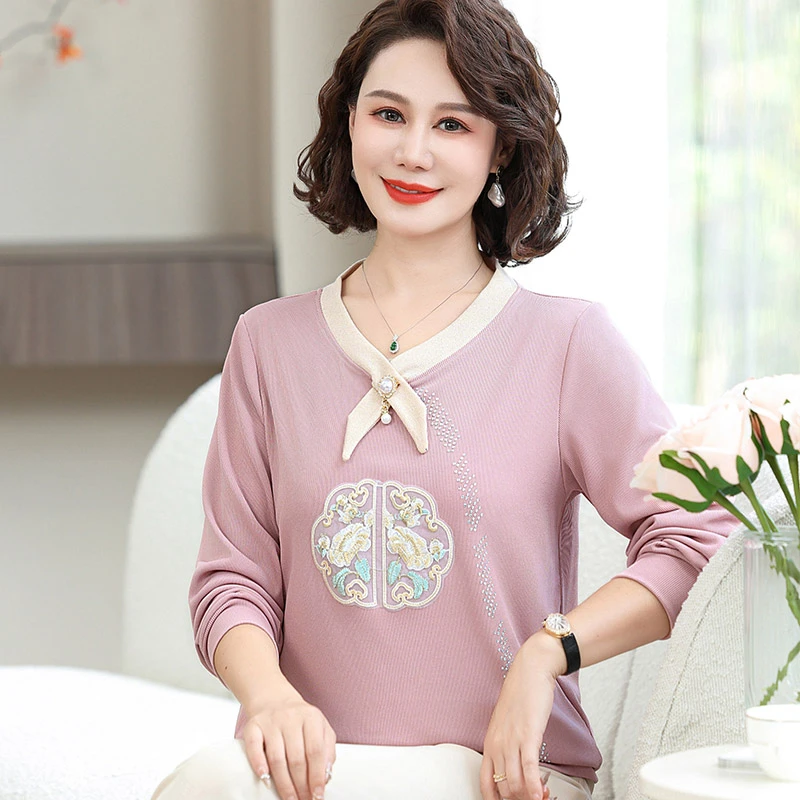 洋气妈妈装秋装时髦上衣服针织打底衫中老年女装国风春秋长袖毛衣