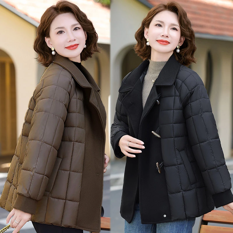 中年女装妈妈装秋冬夹棉外套新款时尚翻领棉服中老年女装冬装棉衣