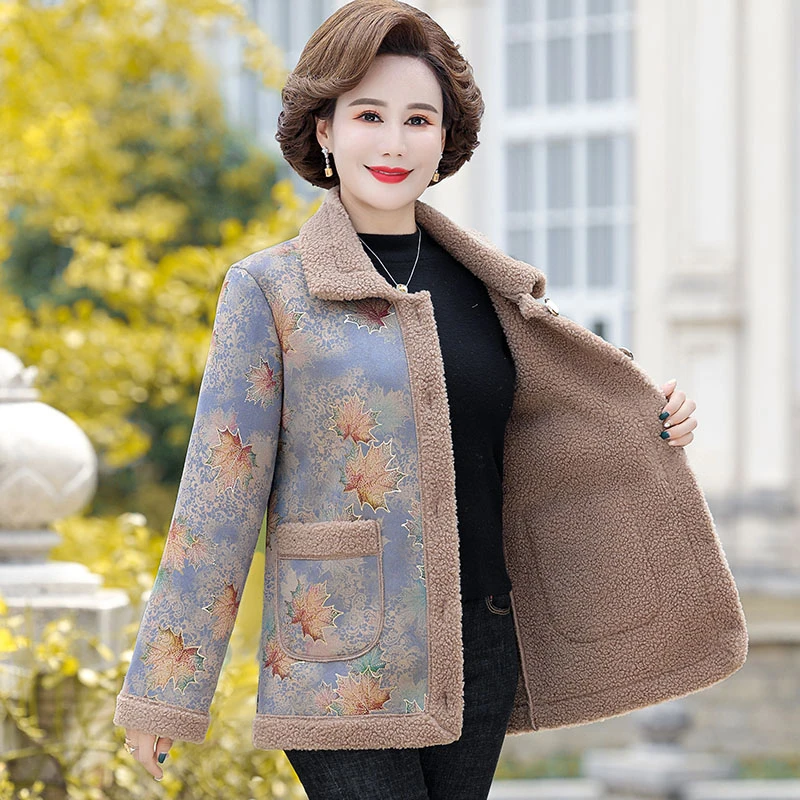 妈妈装秋冬装外套中年女装加绒加厚摇粒绒上衣中老年人羊羔绒衣服