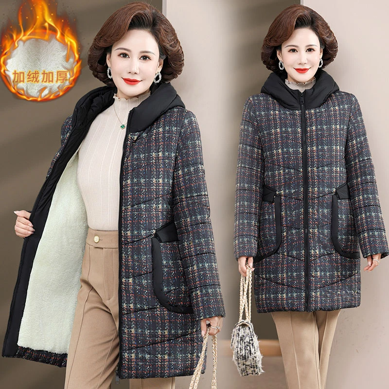 中年妈妈装冬装加绒棉服洋气中老年女冬季棉衣外套中长款保暖棉袄